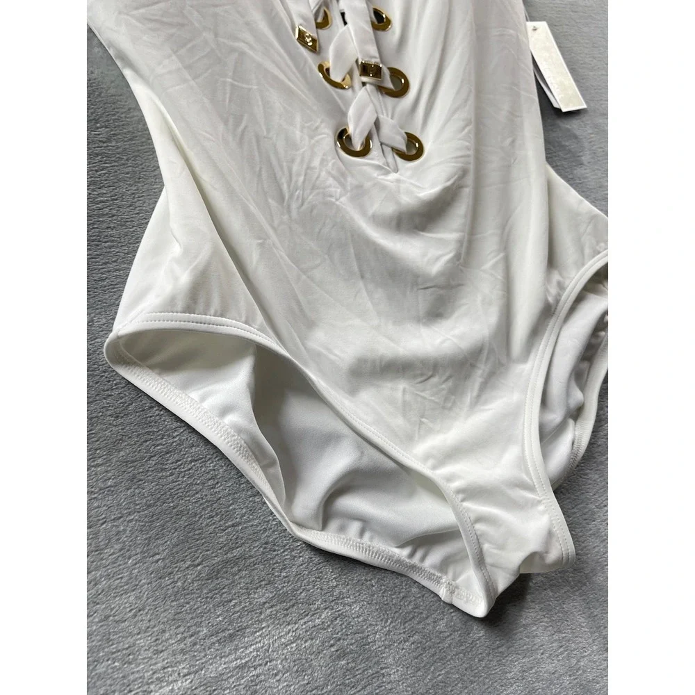 Michael Kors One Piece Swimsuit Women White NWT Lace Up Grommet Sz 16 $